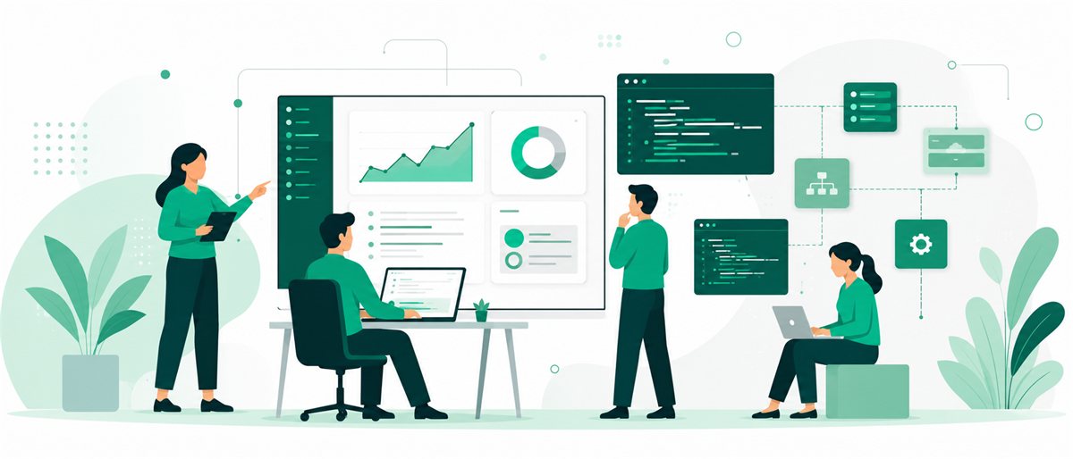 Illustration of a product team collaborating around dashboards and code